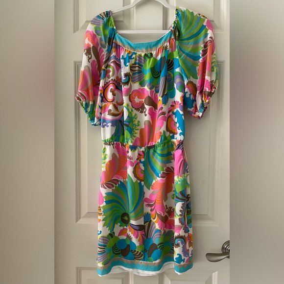 Trina Turk Vibrant Colorful Silk Floral Print Square neck Mini Dress size 2 - Picture 4 of 6